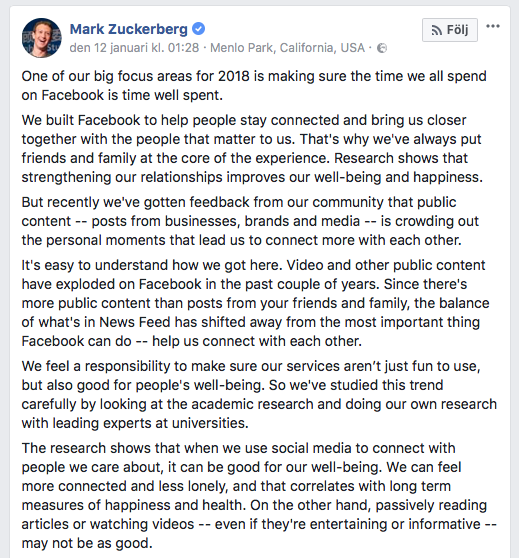Skärmdump Mark Zuckerberg från 12 januari 2018